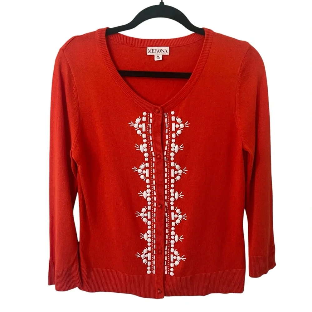 Merona 2010 red/orange beaded button up cardigan sweater size medium long sleeve